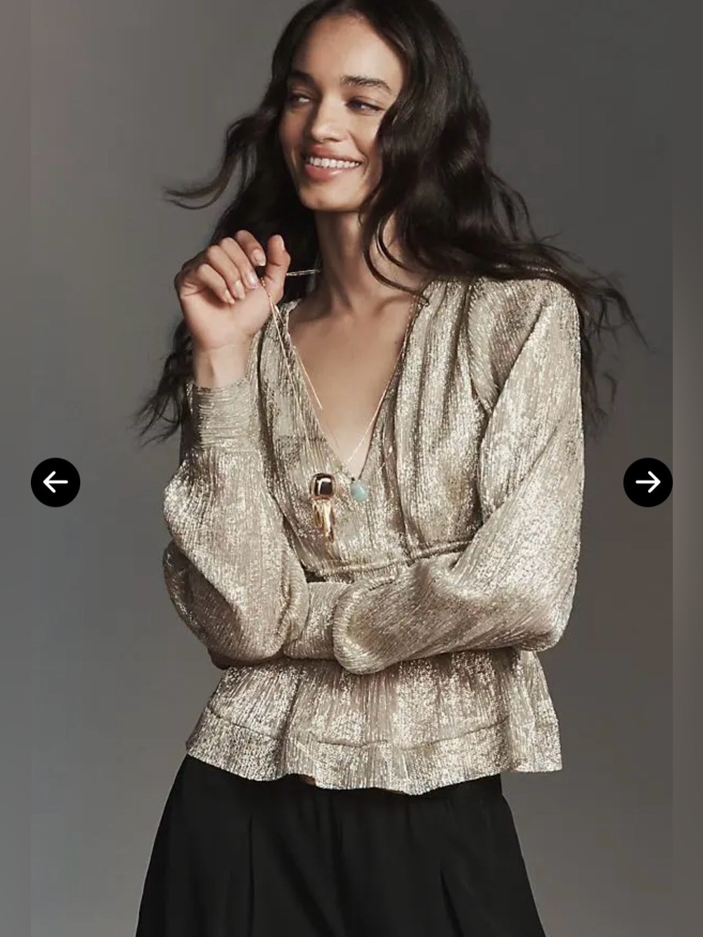 Anthropologie Metallic Smocked Long Sleeve Top